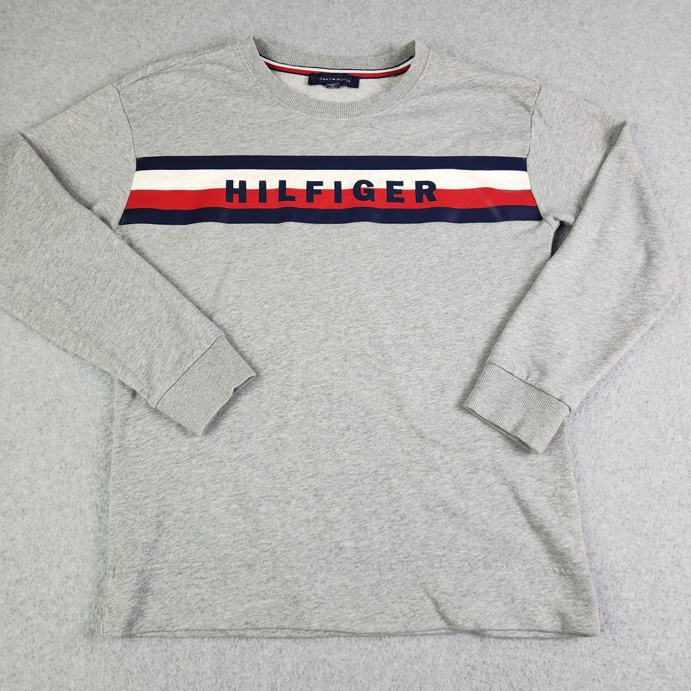 Tommy Hilfiger Sweatshirt Men S Gray French Terry Logo Stripe Crewneck Pullover